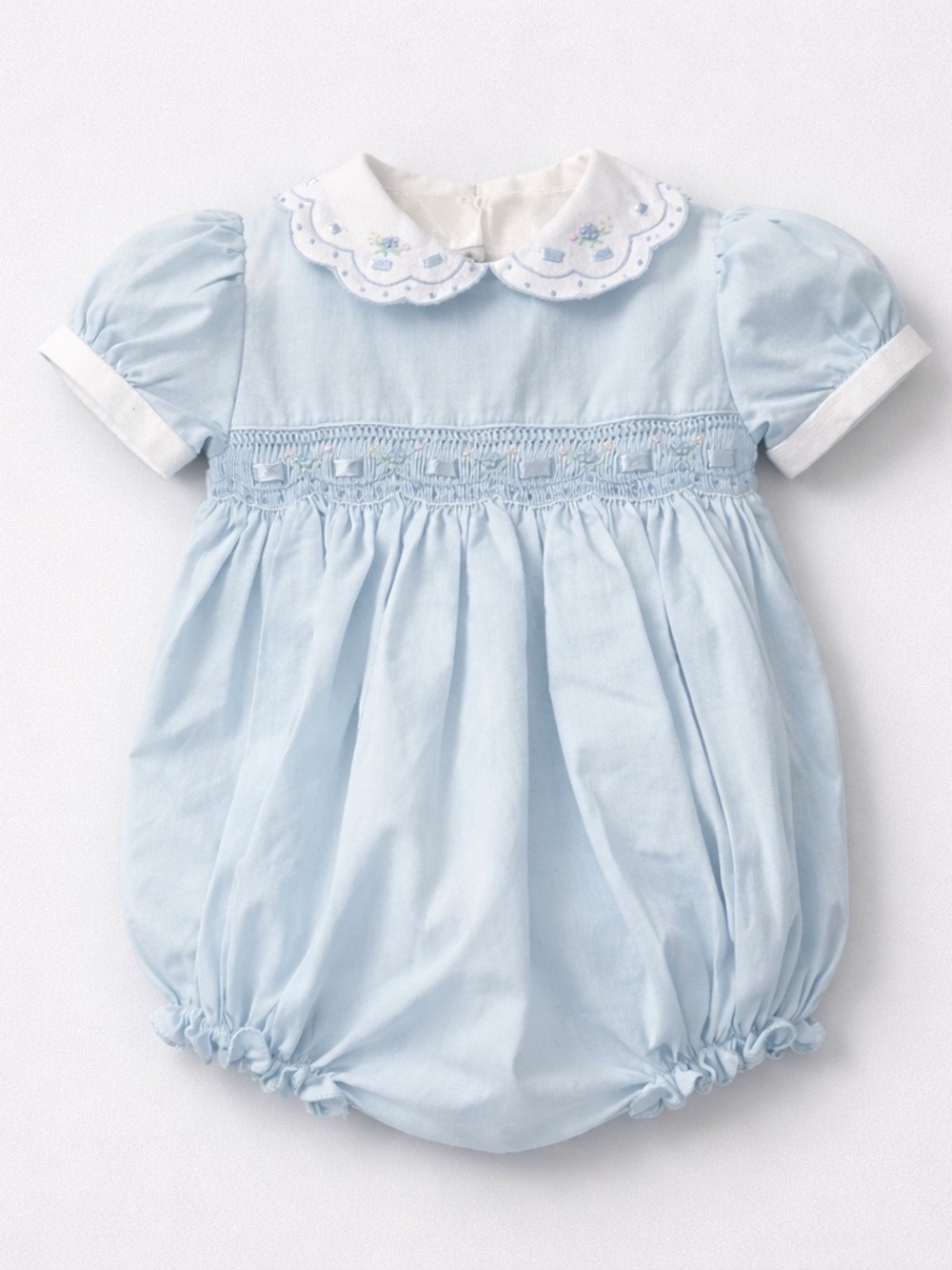FriedKnit Creations blue smocked embroidered scallop collar bubble romper 9m